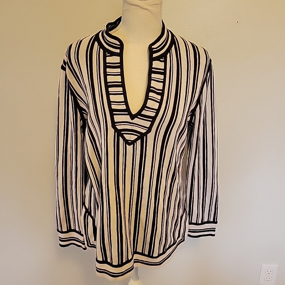 Tory Burch Tunic Top Black White Stripes Large